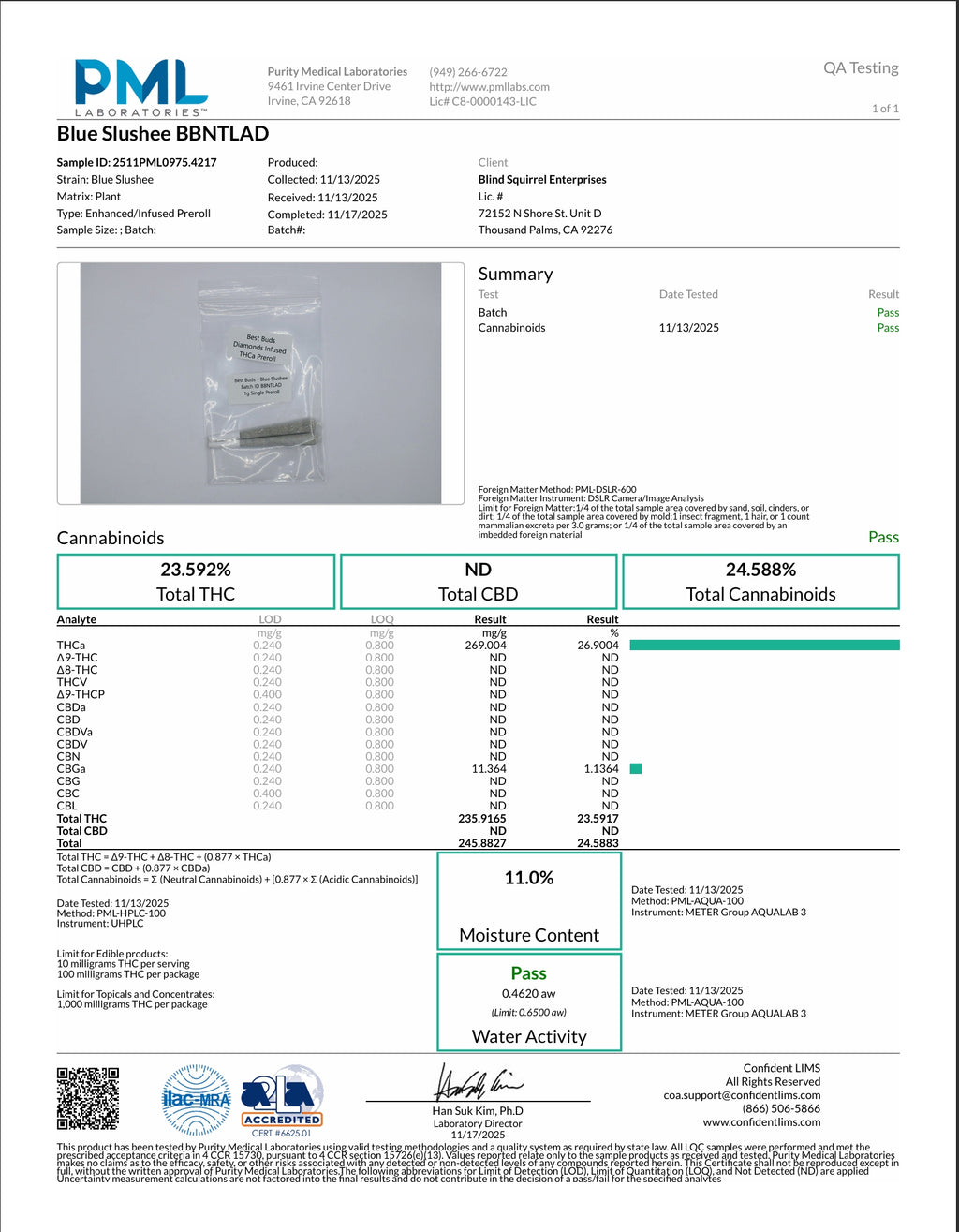 Blue Slushee Diamond Infused Pre Roll 2g